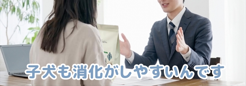 子犬の健康な消化を促進すると説明する社員