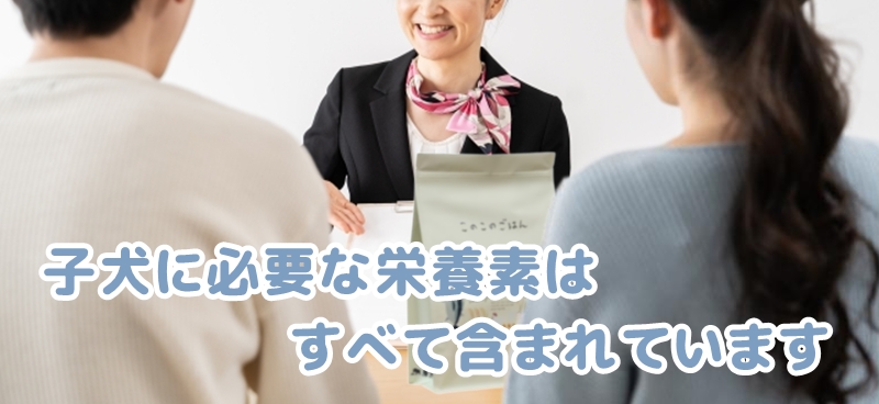 子犬に必要な栄養素はすべて含まれていますと説明する社員