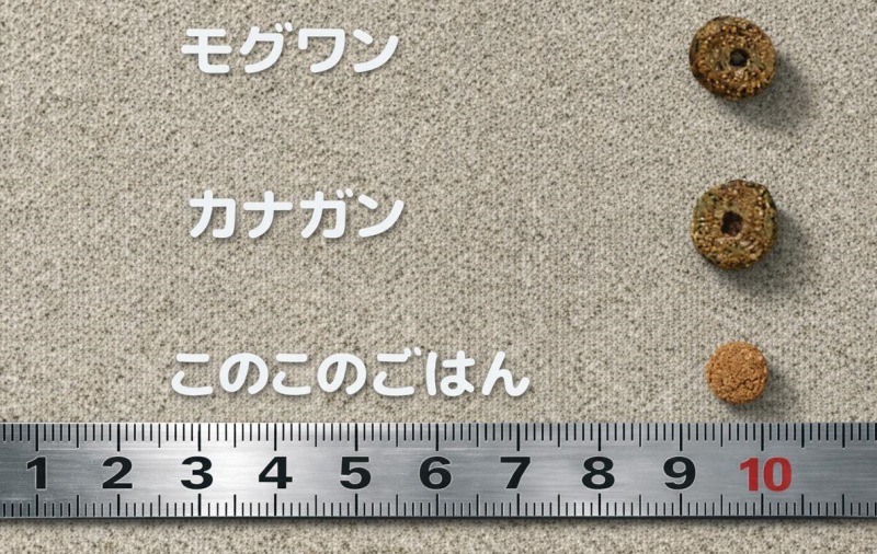 モグワン・カナガン・このこのごはん粒の大きさ比較の写真