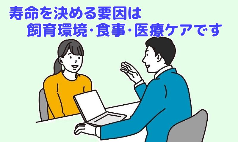 寿命を決める最大の要因は、「飼育環境」「食事」「医療ケア」の3つですと説明する専門家