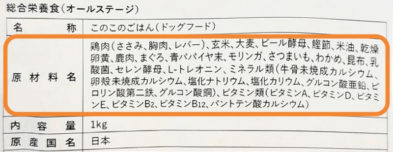 このこのごはんのパッケージ裏面の原材料表記を拡大した写真