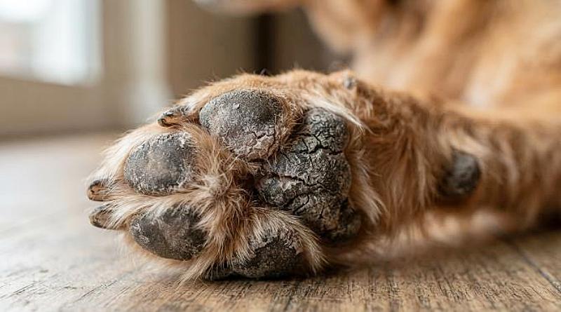 乾燥して白っぽくひび割れそうになっている犬の肉球