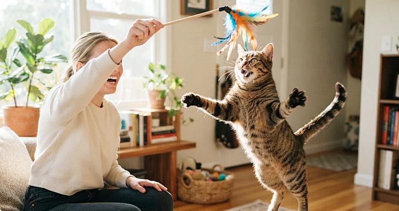 飼い主と猫じゃらしで元気に遊ぶキジトラの画像