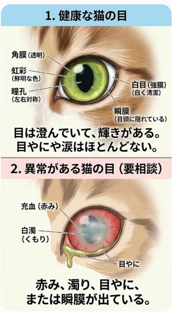 健康な猫の目と、充血や白濁など異常がある時の目のイラストを比較