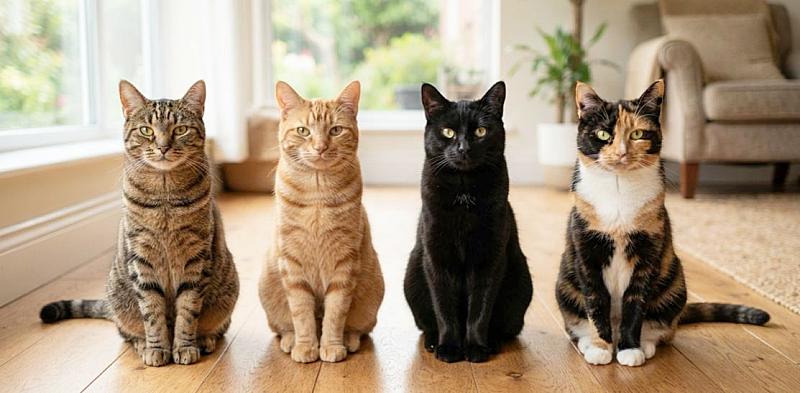 キジトラ、茶トラ、黒猫、三毛猫が並んでいる写真