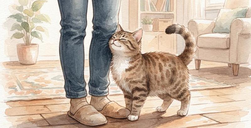 飼い主の足元にすり寄る可愛いキジトラ猫