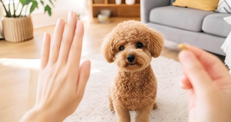 おやつをねだる愛犬に、飼い主が待てをしている写真