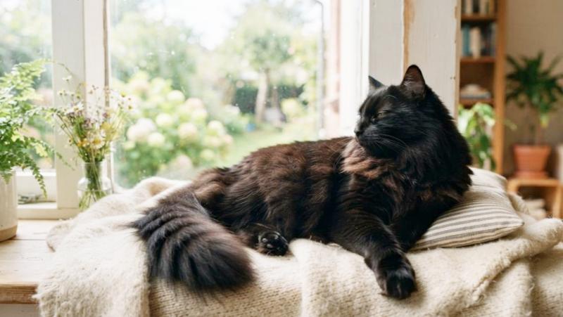 黒い長毛猫が窓辺で優雅にくつろいでいる写真