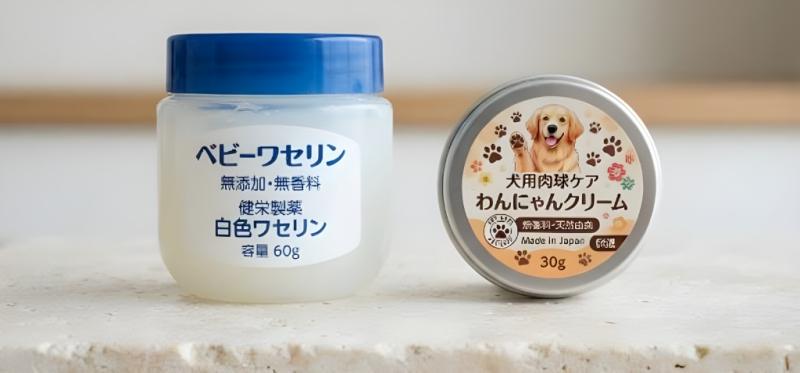 市販のワセリンと、犬専用の肉球クリームが並んでいる比較